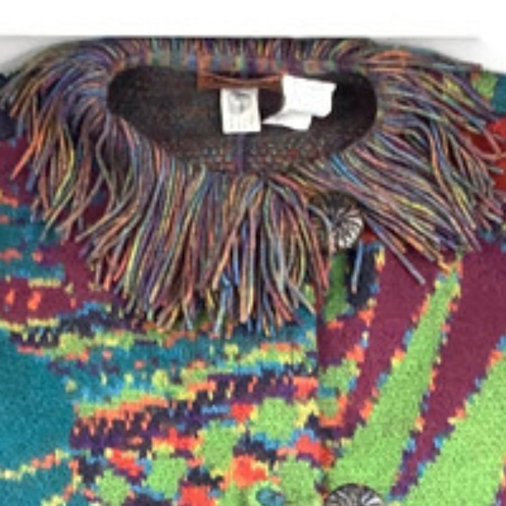 Missoni Vintage 80s 100% Wool Fringe Artsy Colorful Knit Jacket Poncho Women's M - Picture 6 of 16